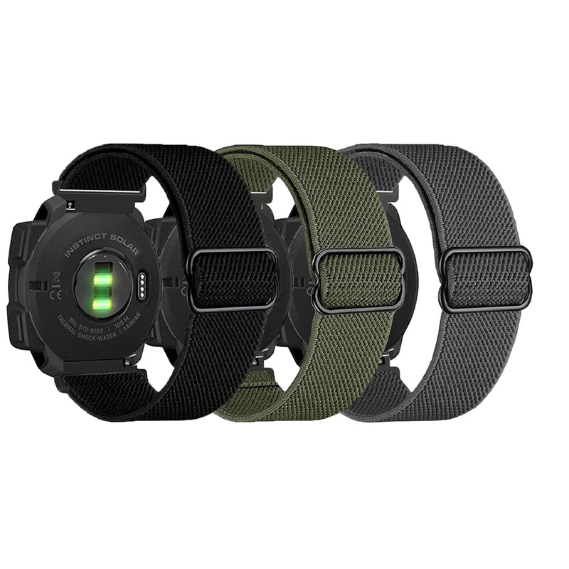 3 Packs Stretchy Nylon Bands Compatible with Garmin Instinct/Instinct 2 Solar, 22mm Sport Breathable Wristband for Garmin Instinct Tactical/Solar/Tide/Esports Black/Gray/Army Green