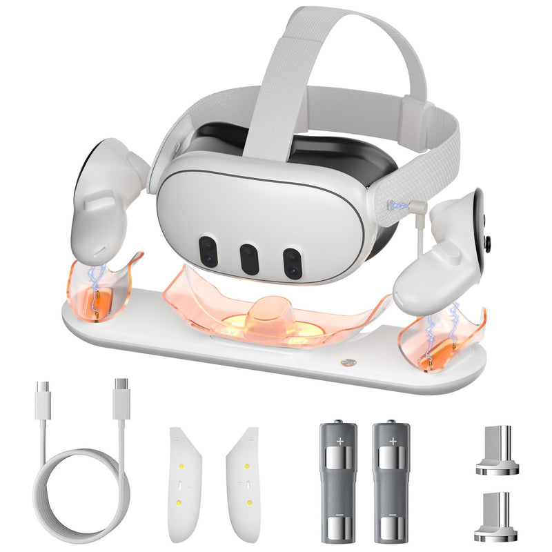 Charging Dock for Meta Quest 3, OLCLSS Charging Station for Oculus Quest 3 Accessories with RGB Light, Magnetic Charging Stand for VR Headset and Controller with 2 Rechargeable Batteries (White) White