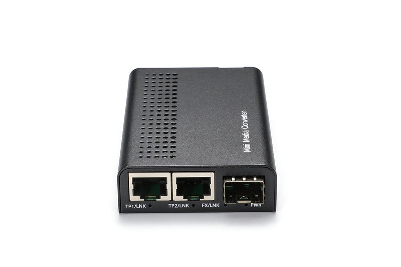 QSFPTEK Mini Unmanaged 2X 10/100/1000Base-T RJ45 to 1000Base-X SFP, Gigabit Ethernet to Fiber Media Converter, AC 100V~240V or DC 5~12V Optional 2RJ45 to SFP