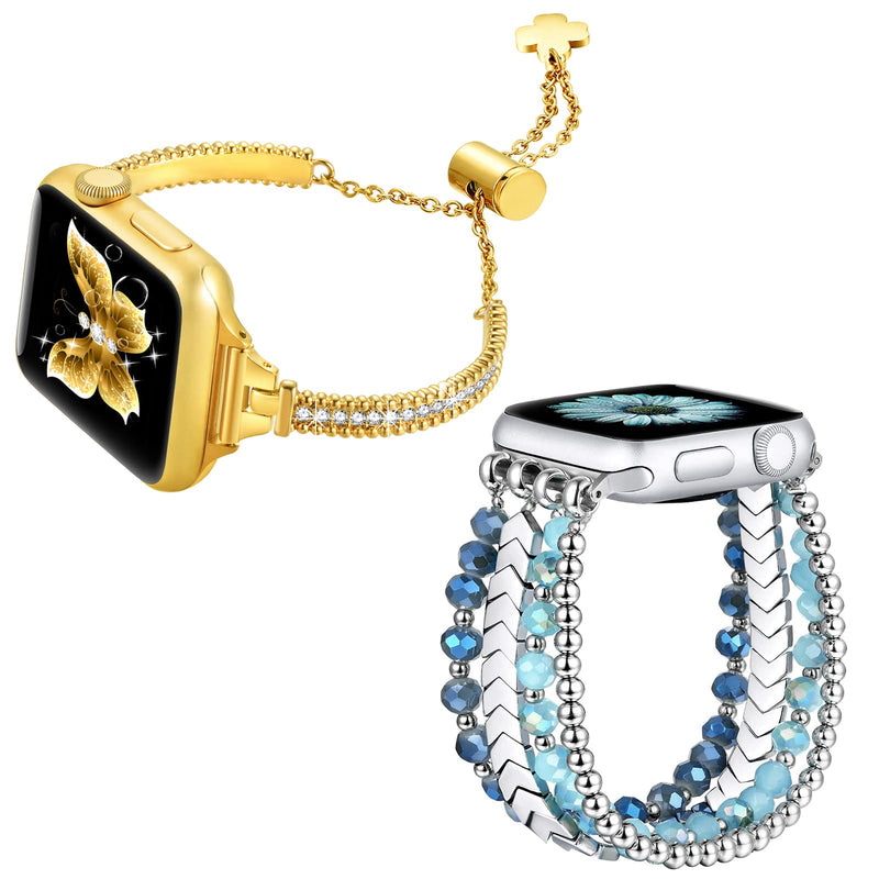 fastgo Compatible with Apple watch band bracelet for women, for Iwatch 38mm 40mm 41mm, Bling Metal Elastic beaded Strap Series 8 7 6 5 4 3 2 1 Ultra