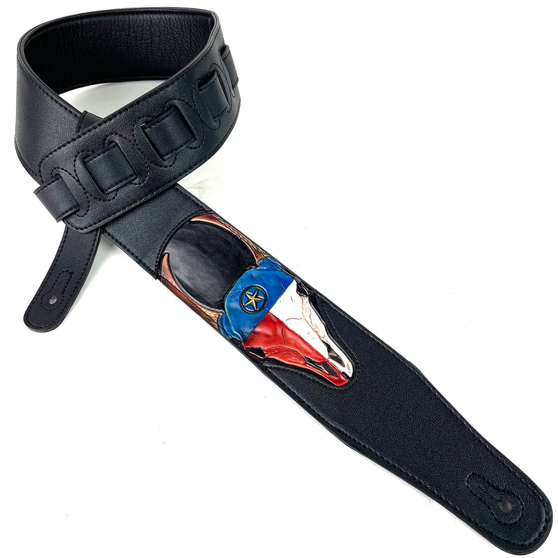 Walker & Williams CVG-19 Black Handmade Guitar Strap With Hand Tooled Red, White, And Blue Texas Star Longhorn Design On Premium Carving Leather For Acoustic, Electric, And Bass Guitars