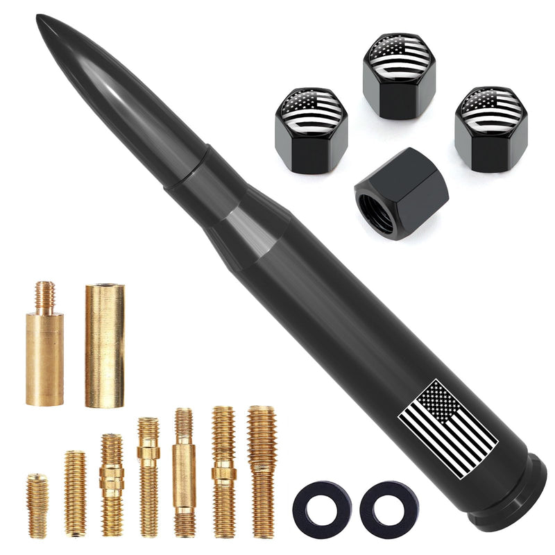 Car Truck Antenna with Tire Valve Caps American Flag Universal Short Replacement for GMC Sierra Chevy Silverado Dodge Ram 1500 2500 3500 Ford F150 F250 F350 Super Duty Raptor Radio Accessories, Black 5.5 inch
