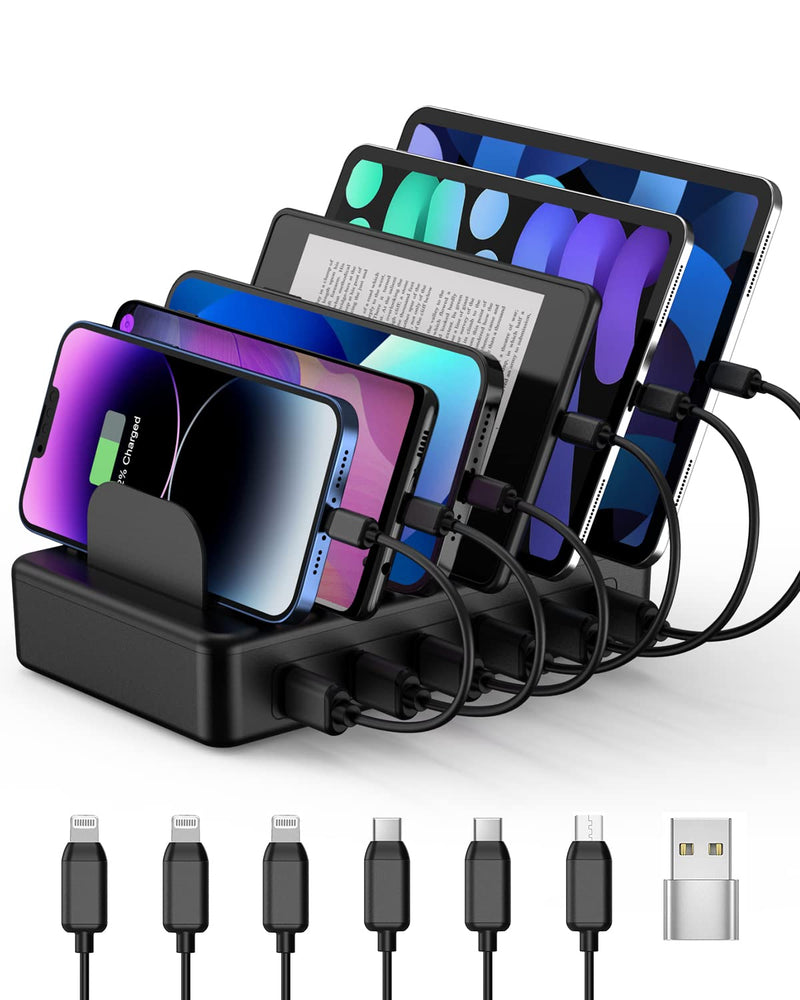 CREATIVE DESIGN Charging Station, 50W 6 Ports Multi Charger Station with 6 Charging Cables, USB Charging Dock for Multiple Devices, Compatible with Cellphone iPad Kindle Tablet and Other Electronic Black