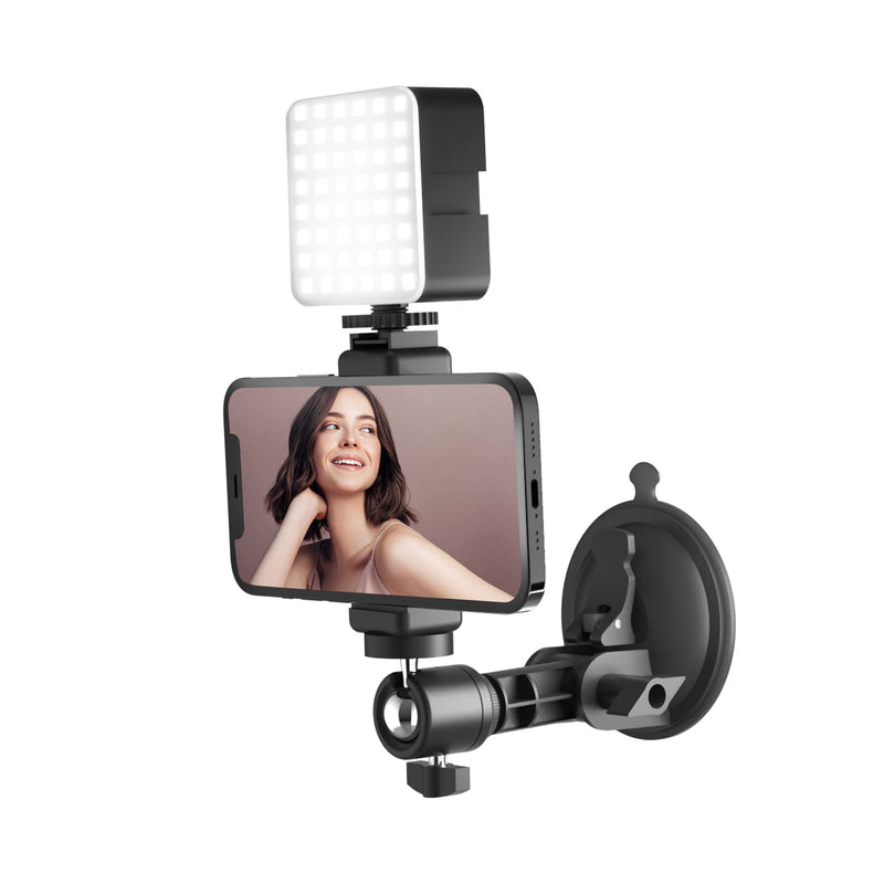 Suction Cup Mirror Phone Holder with Light, Travel Wall Phone Camera Mount for Makeup Content Creator Essentials, Mirror Tripod for Bathroom Kitchen Compatile with All Smooth Surface