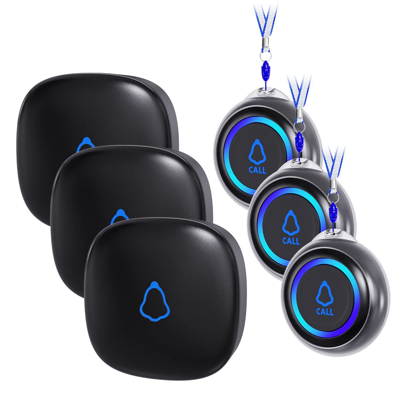 [AUSTRALIA] - Caregiver Pager, Wireless Call Button for Seniors/Elderly at Home, 3 SOS Buttons + 3 Receivers Medical Life Alert System, Emergency Panic Call Bell, Nurse Calling & Patient Assistance Alarm 3 Receivers + 3 Call Buttons Black 