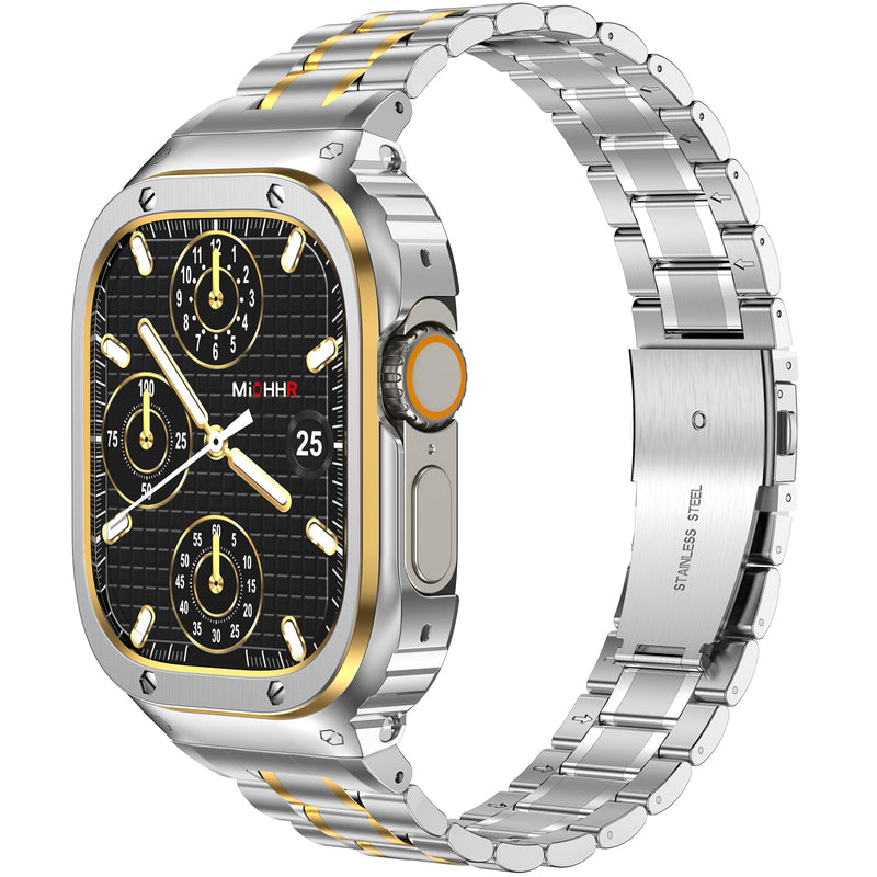 MioHHR Stainless Steel Band with Case for Apple Watch Bands Ultra 3/2/1 | Rugged Strap and Metal Protective Cover Compatible with iWatch Bands 49mm for Men Silver/Gold,Durability Silver&Gold 49mm(Ultra 3 2 1）