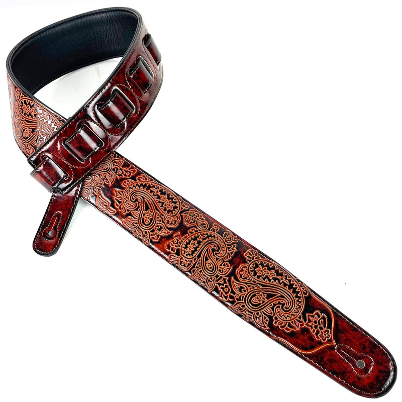 Walker And Williams GB-32 Handmade Bourbon Brown Padded Guitar Strap with Vintage Paisley Pattern For Acoustic, Electric, And Bass Guitars