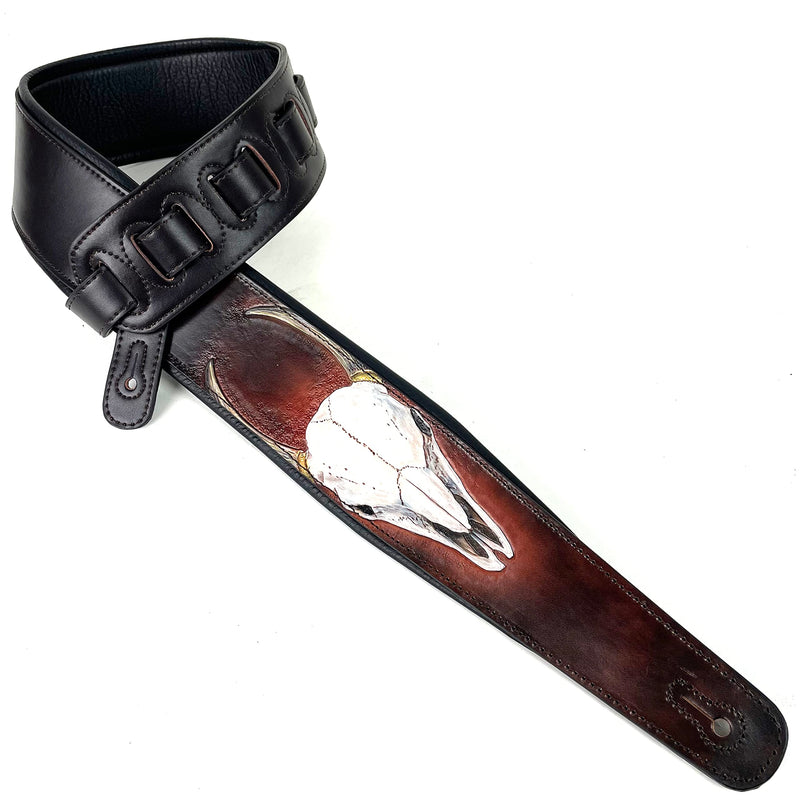 Walker And Williams KB-62 Handmade Carved Longhorn Skull Guitar Strap On Bourbon Brown Leather For Acoustic, Electric, And Bass Guitars