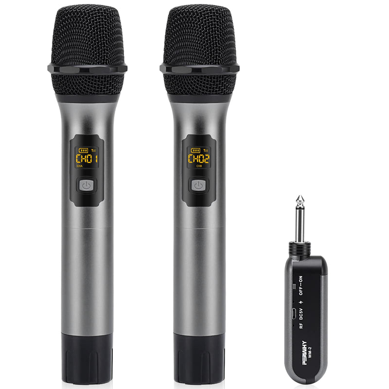 Wireless Microphone System, UHF All Metal Cordless Dual Handheld Dynamic Mic Set with Rechargeable Receiver, for Karaoke Party, Amplifier, PA System, Singing Machine, Church, Wedding, 200ft
