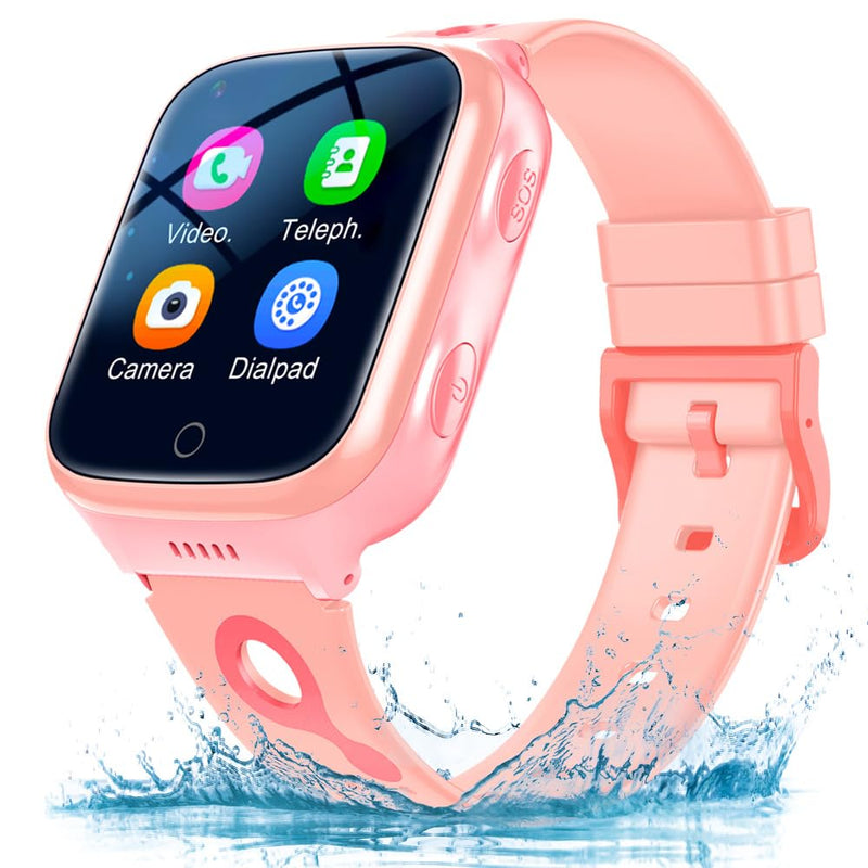TEZILON 4G GPS Smart Watch Waterproof Phone Video Call SOS Emergency Alarm Voice Message Camera GPS Tracker Watch Real-Time Tracking Geo-Fence Touch Screen Pedometer Anti-Lost Gift Pink