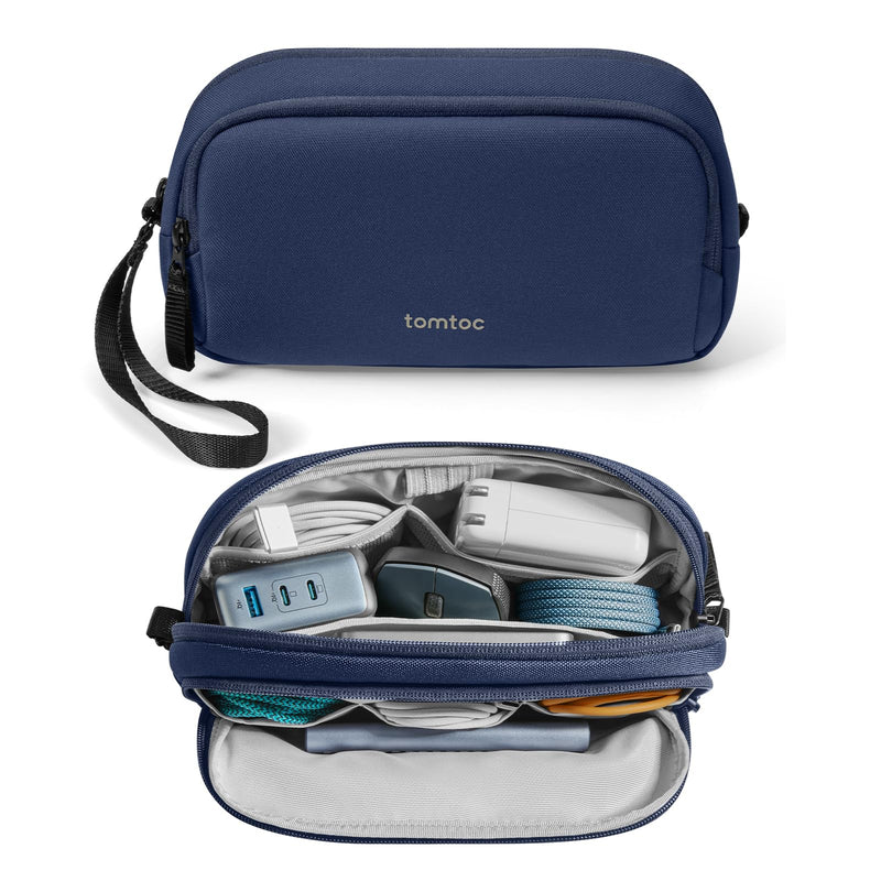tomtoc Electronic Organizer Travel Case, Water Resistant Dual Compartment Tech Pouch Cable Organization Storage Bag for Charger, Cord, Phone, Hard Drive, Power Bank, Accessories Travel Essentials Navy Blue M