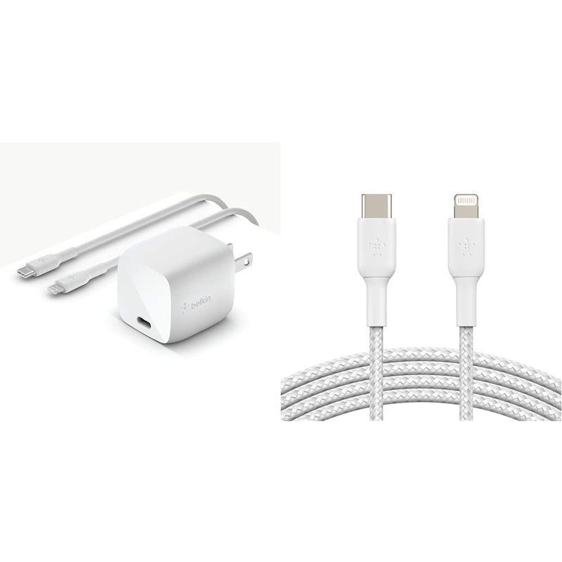 Belkin USB-PD GaN Charger 30W(USB-C Fast Charger & Braided USB C to Lightning Cable MFi Certified iPhone Fast Charger Type C(White)