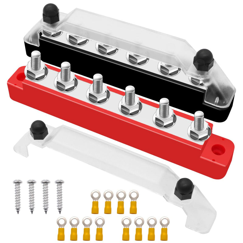 (Red+Black) Power Distribution Terminal Block with Cover with 6 x 1/4” (M6) Post,Battery 12V Bus Bar with Ring Terminals for Car Boat Marine O-078 150A 6 x 1/4" (M6)