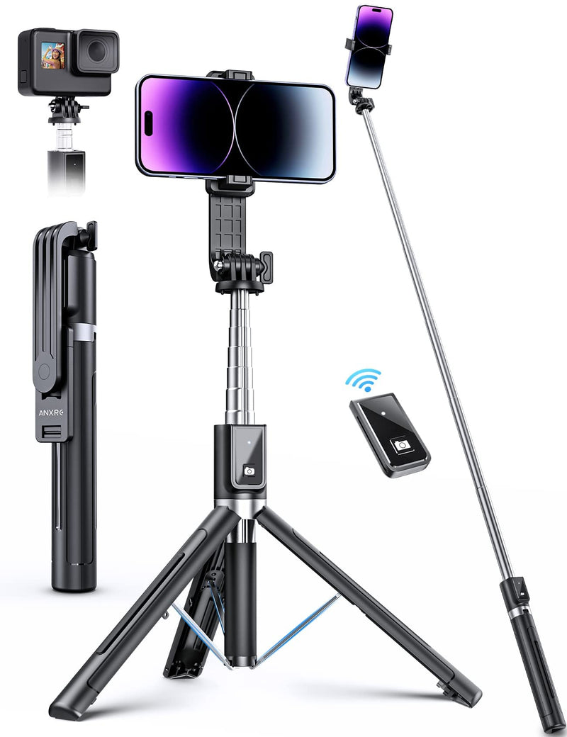 Selfie Stick Tripod with Remote, ANXRE 50" Portable 5 in 1 Selfie Stick Phone Tripod, Wireless Selfie Stick Tripod for Cell Phone Compatible with iPhone 14/13 Pro Max Gopro Android DJI (Black) Black [Reinforced Stability Tripod＆50" Extra Long]