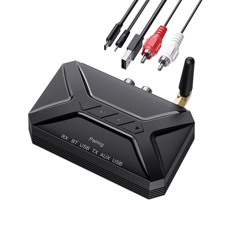 JXTZ Bluetooth Transmitter Receiver, 3 in 1 Bluetooth 5.0 Aux Audio Adapter with USB/RCA/AUX Output for Music Streaming Sound System, Bluetooth Receiver for Home Stereo/TV/Car/PC/Headphone/Speaker Black