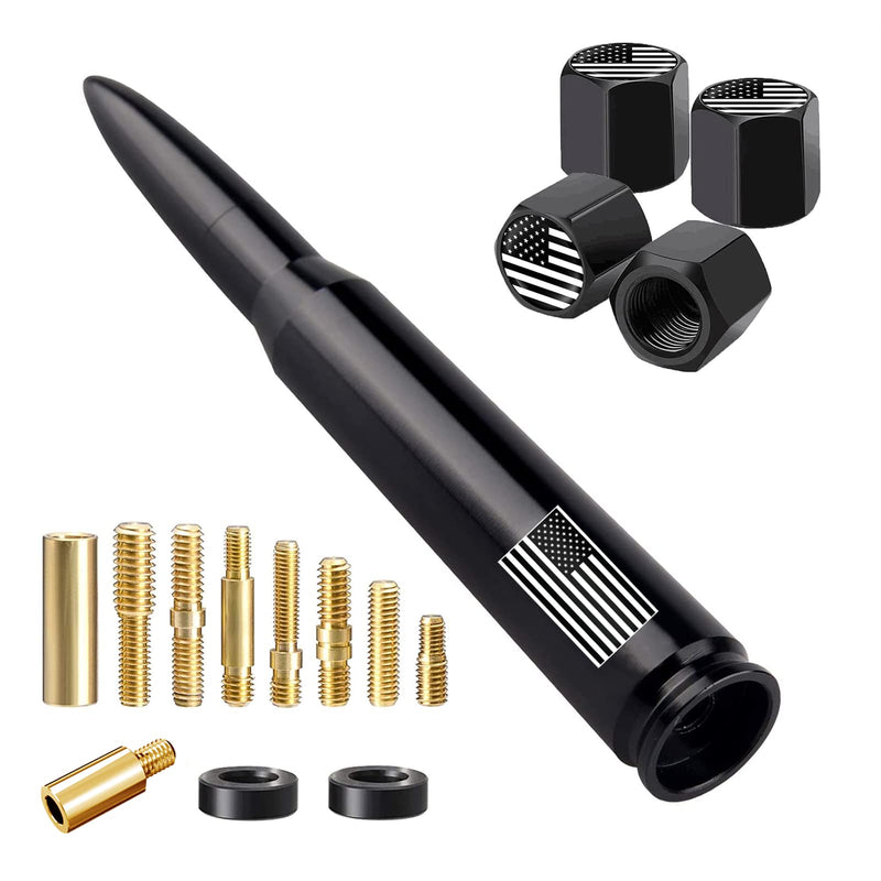 American Flag Car Truck Antenna with Valve Stem Caps, Universal Mast for GM Chevy Silverado 1500 2500 3500 HD Avalanche Ford F150 F250 F350 Denali Heavy Duty Pickup Trucks Accessories (Black) 5.5 inch Black Style
