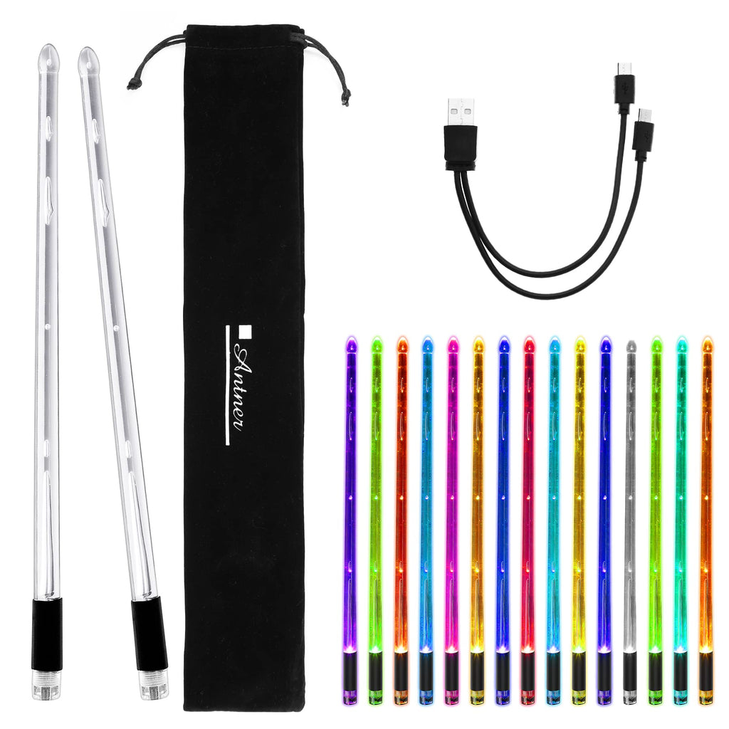 Antner Rechargeable LED Light Up Drum Sticks 15 Color Changing Drumsticks with Storage Bag for Adults Drummers, Durable Professional PC Polymer Material Drumsticks, Cool LED Light Up Drumsticks Black Handle