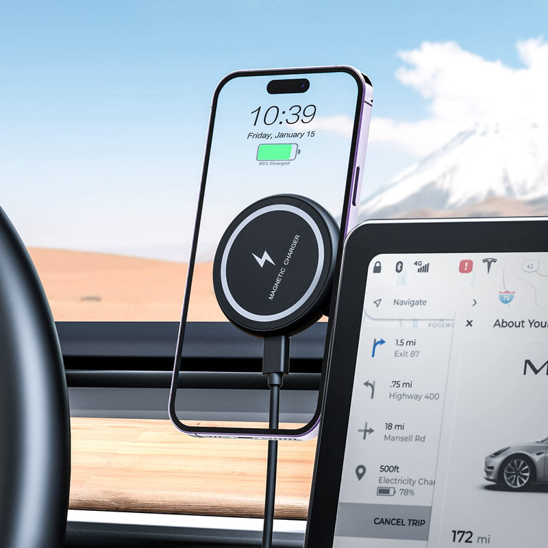 Fast Charging Wireless Car Charger Mount, Magnetic Foldable Car Phone Holder for Tesla Model 3/Y Designed for MagSafe Compatible with iPhone 12/13/14 Series Wireless Charge Version