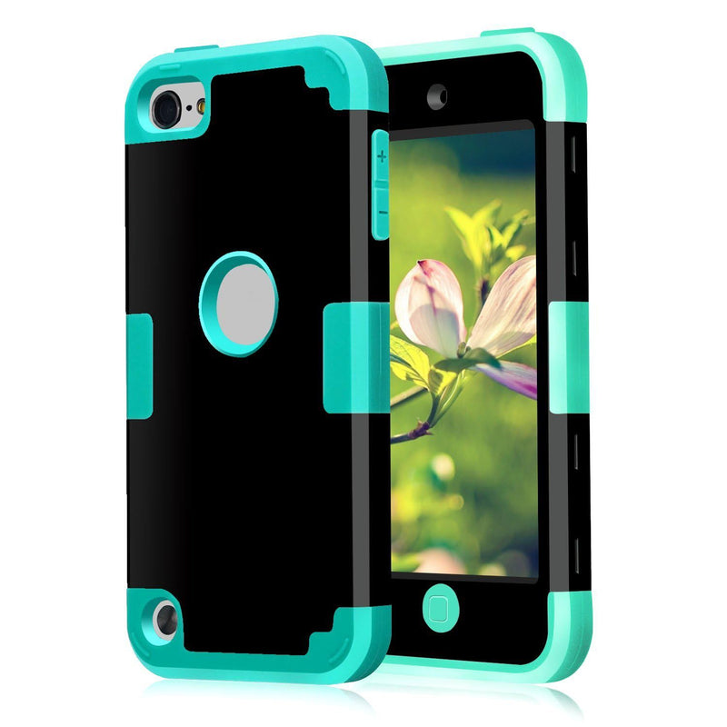 Case for iPod Touch 7th / 6th / 5th Generation, Dual Layered Hard PC Case + Silicone Shockproof Heavy Duty High Impact Armor Hard Cover for Apple iPod Touch 7 6 5 (Black+Blue) Black+Blue