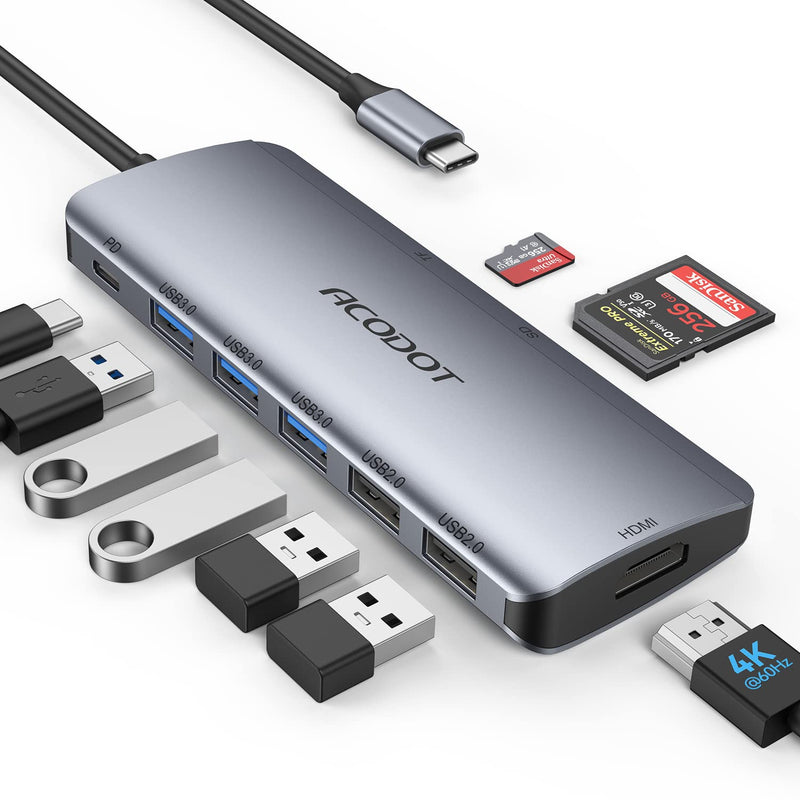 USB C Hub, Acodot 9 in 1 USB C to 4K@60HZ HDMI Multiport Adapter, 3 USB 3.0 Ports, SD/TF Card Reader, 100W PD, Desigend for MacBook Pro Air HP XPS and Other Type C Devices Space Grey