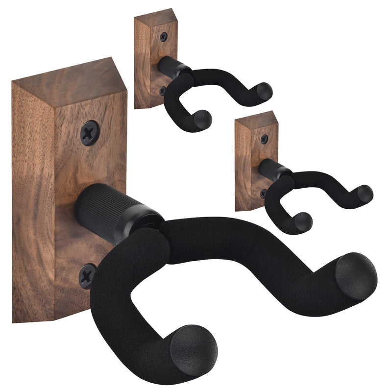 DOMMI Guitar Wall Mount 3 Pack, Wooden Guitar Hanger, Guitar Accessories Guitar Holder with Soft U-Shaped Guitar Hook, Guitar Wall Hangers for Acoustic Guitar, Electric Guitar, Bass, Black Walnut