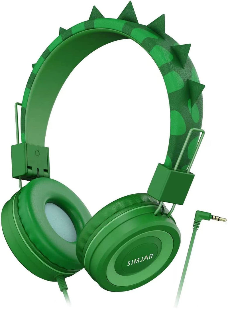 SIMJAR Dinosaur Kids Headphones with Microphone for School, Volume Limiter 85/94dB, Over-Ear Girls Boys Headphones for Kids with Foldable Wired Headphones for iPad/Travel/Tablet Green