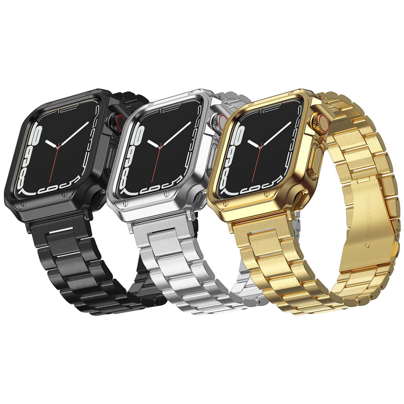 3 Pack Designed for Apple Watch Band, Wrist-Band for i-Watch Series 9 8 7 6 5 4 3 2 1 SE, Stainless Steel Metal Chain with TPU Cover Case, Smart-Watch Link Bracelet Strap, 45 44 42 41 40 38mm Gold+Silver+Black 45/44/42mm