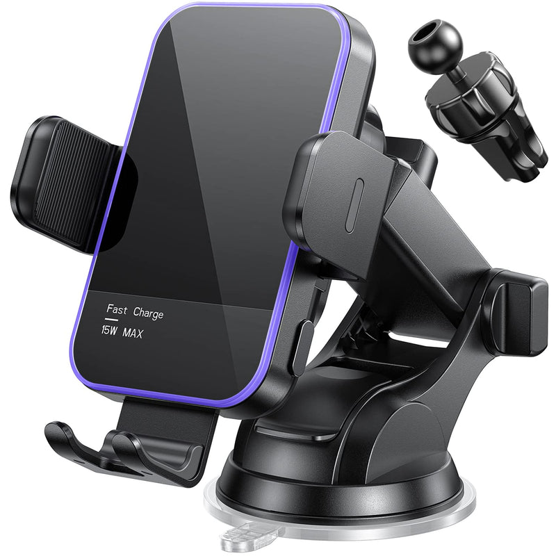 Wireless Car Charger,【7 Colored RGB Backlit】Mosurr 15W Auto Clamping Car Charger Phone Mount Holder fit for iPhone 15 14 13 12 Mini Pro Max 11 XR XS, Samsung Galaxy S24 Ultra S23 S22 S21+ Note 20, etc Black