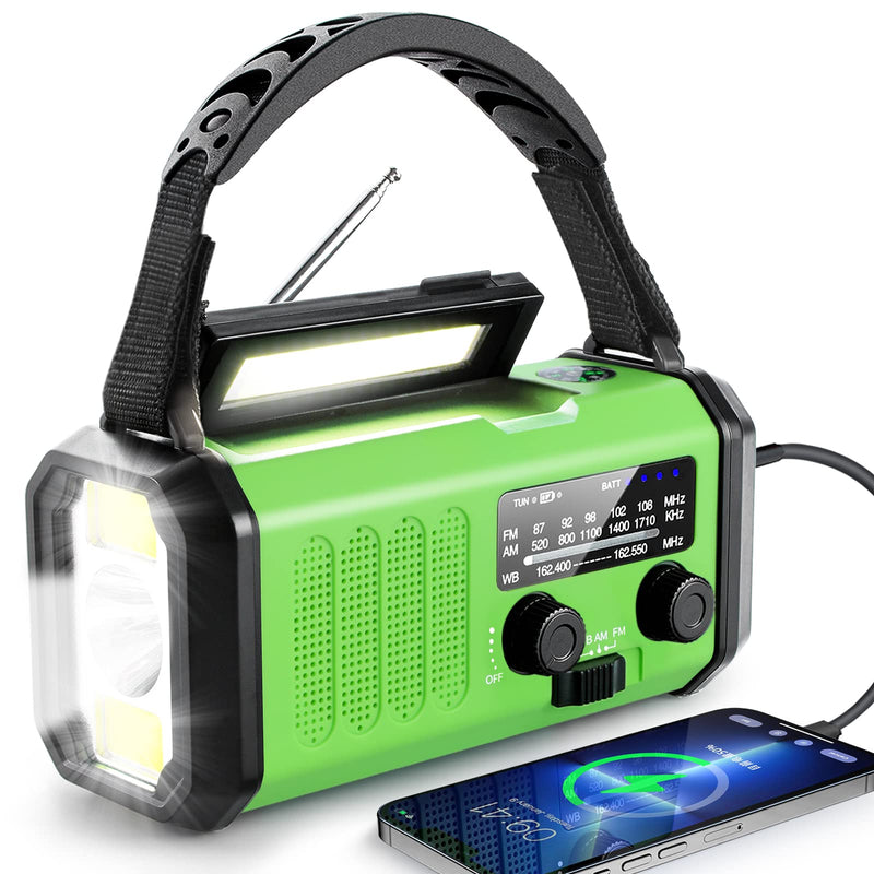 10000mAh Emergency Radio, Crank Radio, Solar Radio, NOAA/AM/FM Weather Radio, Type-C Charging Portable Radio, 3 Mode Flashlight, 5W 700LM Reading Lamp, SOS, Compass for Camping grass green