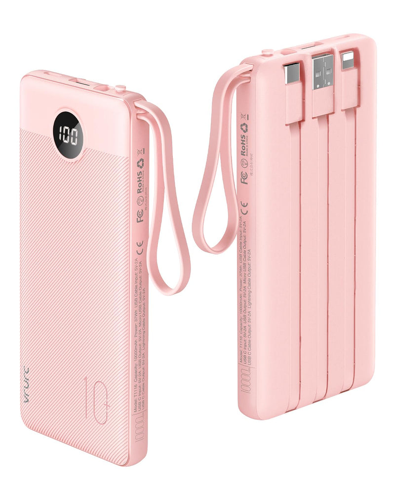 VRURC Portable Charger 10000mAh, Slim LED Display Power Bank, 5 Output 2 Input Cell Phone Battery Pack, Built-in Micro & USB C Cables Phone Charger Compatible with iPhone,Samsung,Android-Pink(1 Pack) Pink