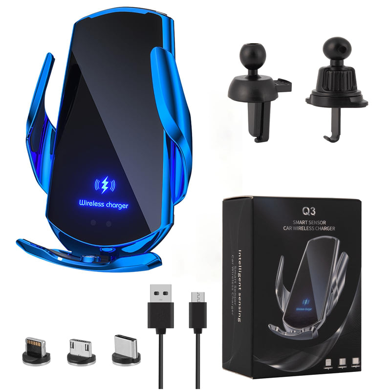 Wireless Car Charger Mount Automotive Electric Induction 15W Wireless Charger Car Auto Clamping Car Phone Holder Mount Wireless Charging Mount Vent Phone Holde Compatible with Android (Blue) Blue