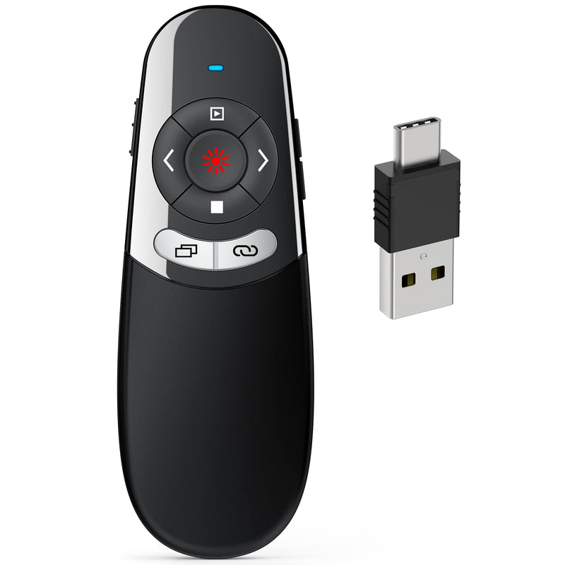 DINOSTRIKE 2 in 1 Type C and USB Presentation Clicker for Powerpoint Presentations,RF 2.4GHz Wireless Presenter Remote Slide Advancer with Volume Control for Mac Laptop Computer Office Classroom Classic Version