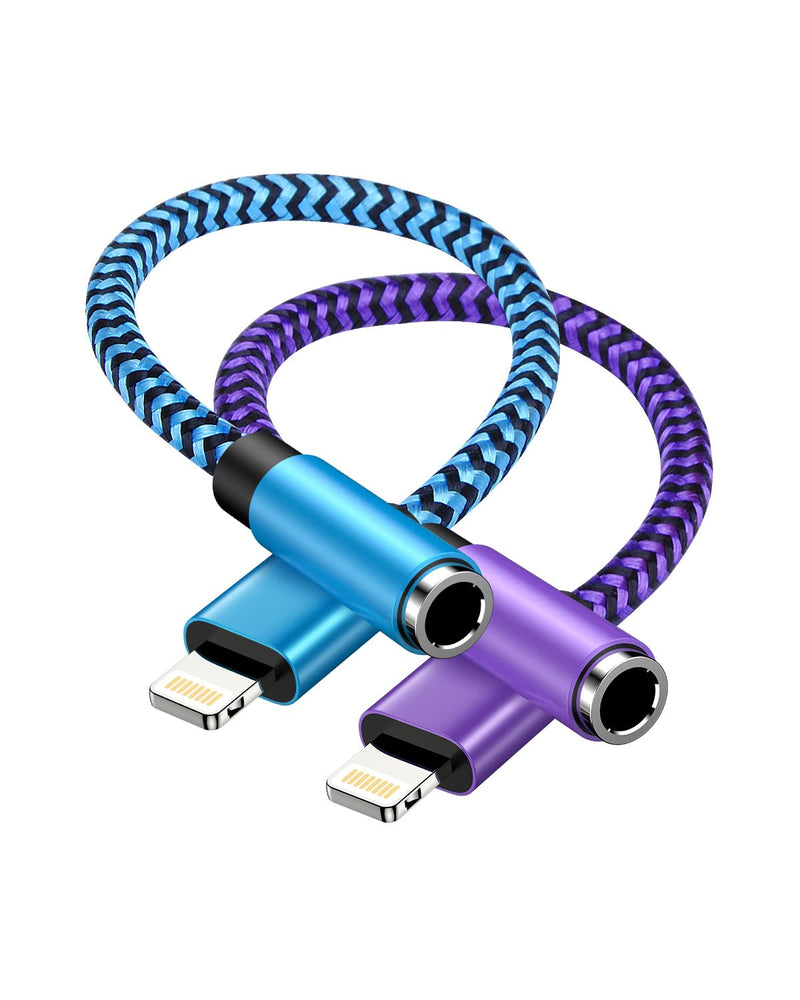 2-Pack Lightning to 3.5mm Aux Adapter, Headphone Adapter for Aux Cord [Apple MFI Certified] 3.5mm Jack Aux Audio Adapter Dongle for iPhone 14 13 12 11 Pro Max Plus Mini XR XS 8 iPad iPod 2*Blue, Purple