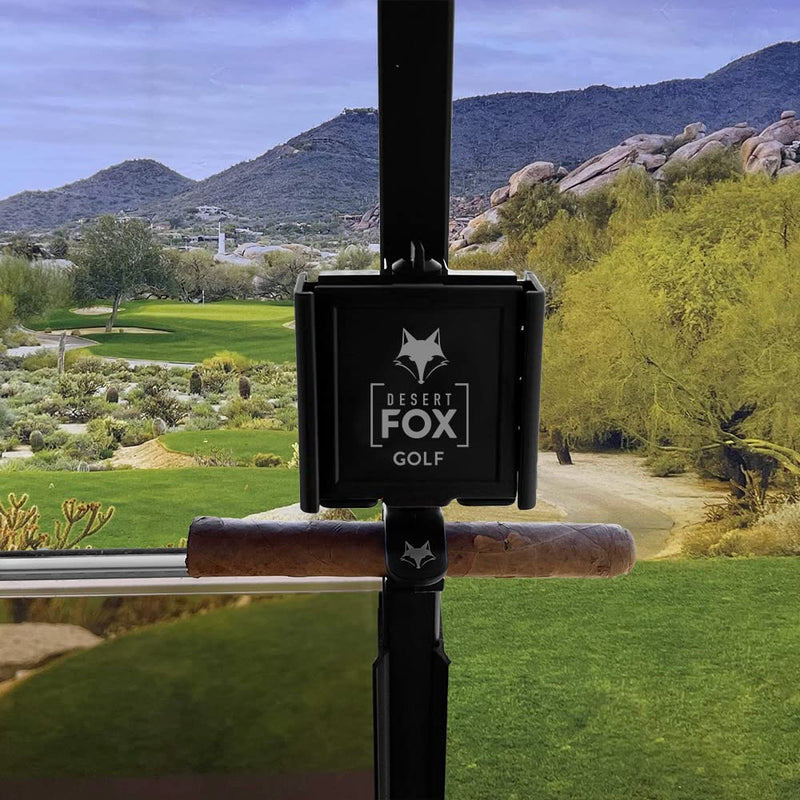 DESERT FOX GOLF Phone Caddy and Cigar Holder - Adjustable Cart Mount With Secure Clip - Hands-Free GPS & App Access - Fits All Phones (Black) Black