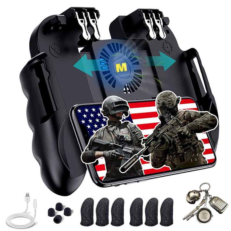 8 in 1 PUBG Mobile Phone Game Controller w/Cooling Fan, Cell Phone Gaming L2R2 L1R1 Triggers gamepad for PUBG/Fortnite/Call of Duty for 4.7-6.5" Android iOS Phone with 6pcs Finger Sleeves