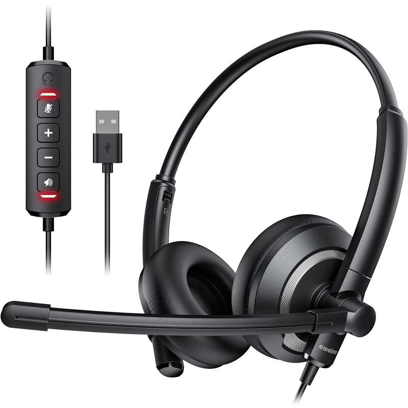 EH05-U Wired USB Headset with Noise Cancelling Microphone for PC Laptop - Headphones with In-Line Control, Lightweight, Enhanced Sound & MIC Mute USB-A Black