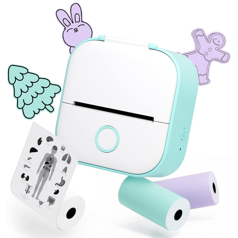 [AUSTRALIA] - Memoqueen Mini Sticker Printer T02 Pocket Portable Bluetooth Thermal Printer with 3 Rolls Paper for Journal, Memo, Photo, DIY Scrapbook, Travel, Children Gifts, Compatible with iOS & Android, Green 1 Printer & 3 Rolls Paper 