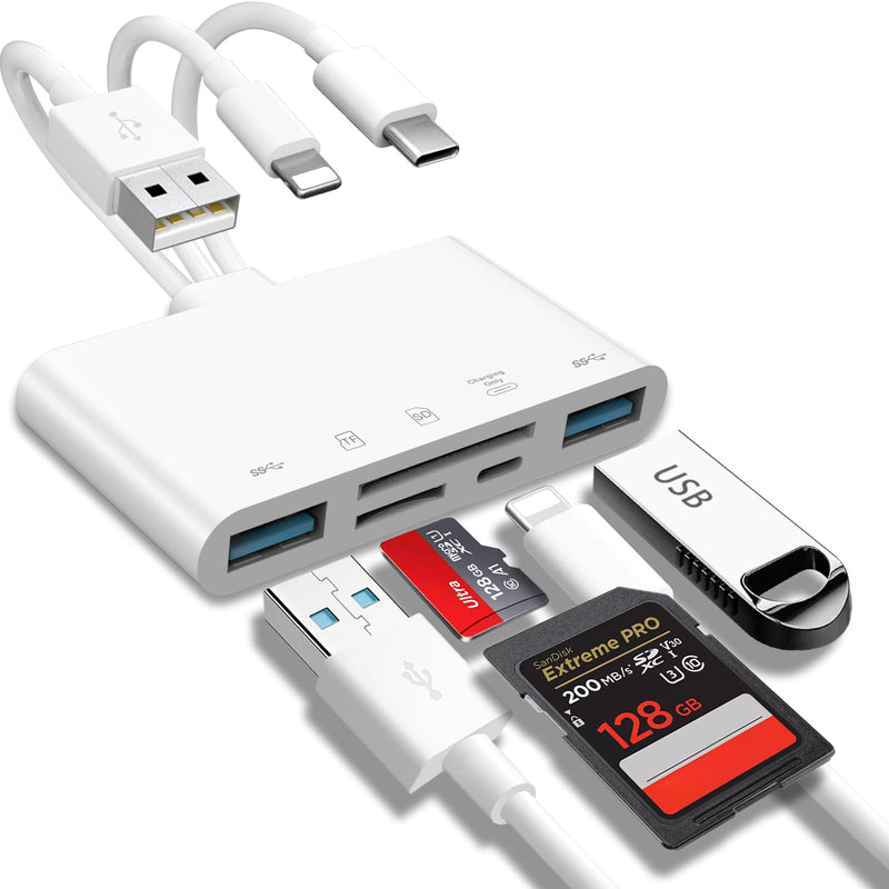 5-in-1 Memory Card Reader, USB OTG Adapter & SD Card Reader for i-Phone/i-Pad, USB C and USB A Devices with Micro SD & SD Card Slots, Supports SD/Micro SD/SDHC/SDXC/MMC white