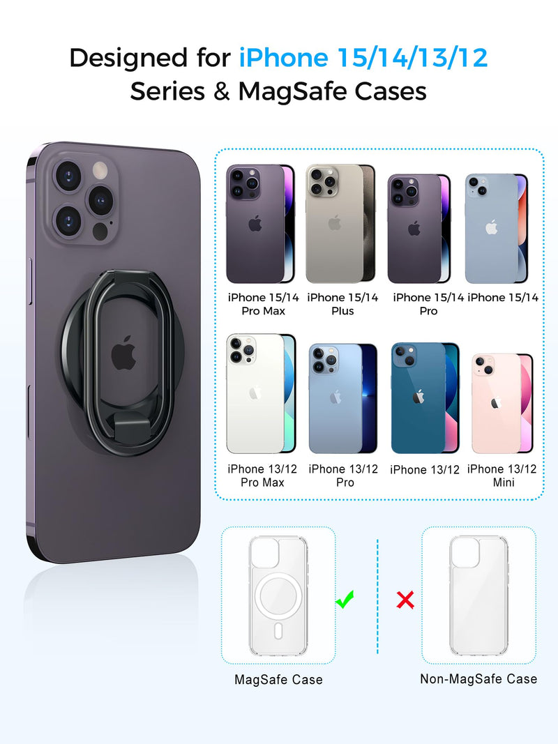 【2024 Upgraded】 Mag Safe Phone Ring Holder, SUPERONE Adjustable Magnetic Kickstand & Removable Phone Grip Compatible with Wireless Charging Only for iPhone 15 & 14 & 13 & 12 Series - Black