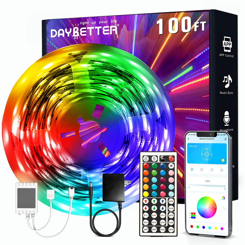 DAYBETTER LED Strip Lights 100 ft, Smart Light with App Remote Control, RGB LED Lights for Bedroom, Music Sync Color Changing Lights for Room Home Decor Party Festival(1 Roll) 100ft