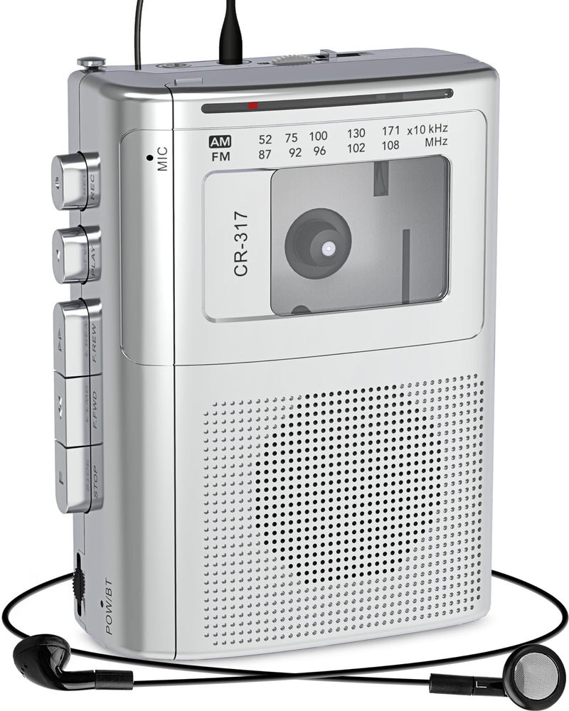 Gracioso Portable Cassette Player Recorder with Bluetooth Transmitter, AM FM Walkman Cassette Player with Headphone Jack & Big Speaker,Microphone Jack, 2*AA Battery Opearated Cassette Tape Player Silver