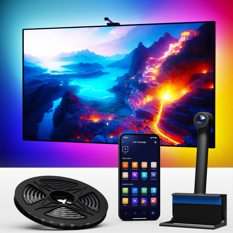 Smart LED Backlight with Camera for 55-65 inch Screens, 12.5ft LED Strip Lights Sync to Screen & Music, Color Changing Lights Work with Alexa & Google Assistant, App Control for 55-65 inch TVs
