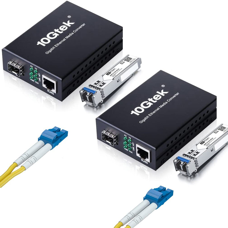 A Pair of Gigabit Single Mode Media Converter with 10m OS2 LC to LC Fiber Cable, 2 Pcs Fiber to Ethernet Converter, 2 pcs SFP LX Modules, 1000Base-LX to 10/100/1000M RJ45, SMF, 1310nm, up to 20km