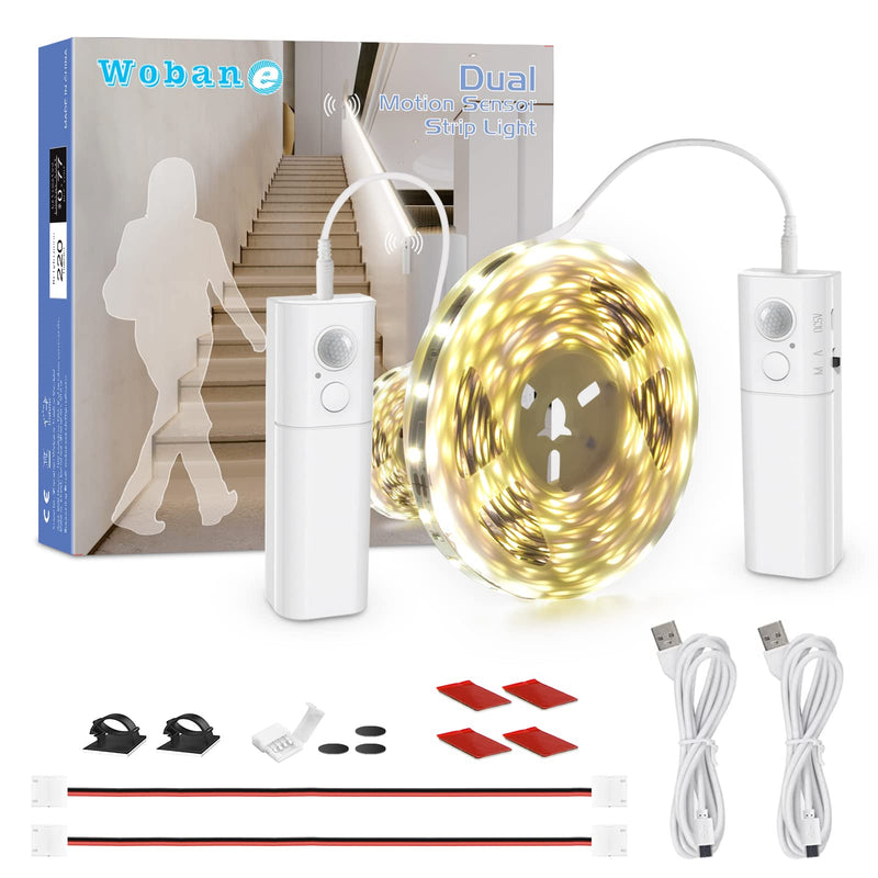[AUSTRALIA] - WOBANE Dual Motion Sensor Stair Lights Strip, Rechargeable 16.4ft LED Strip Lighting,150 LEDs Cuttable Tape Light for Hallway,Under Cabinet,Cupboard,Shelves,Gun Safe,Flexible,6000K White 16.4ft White 