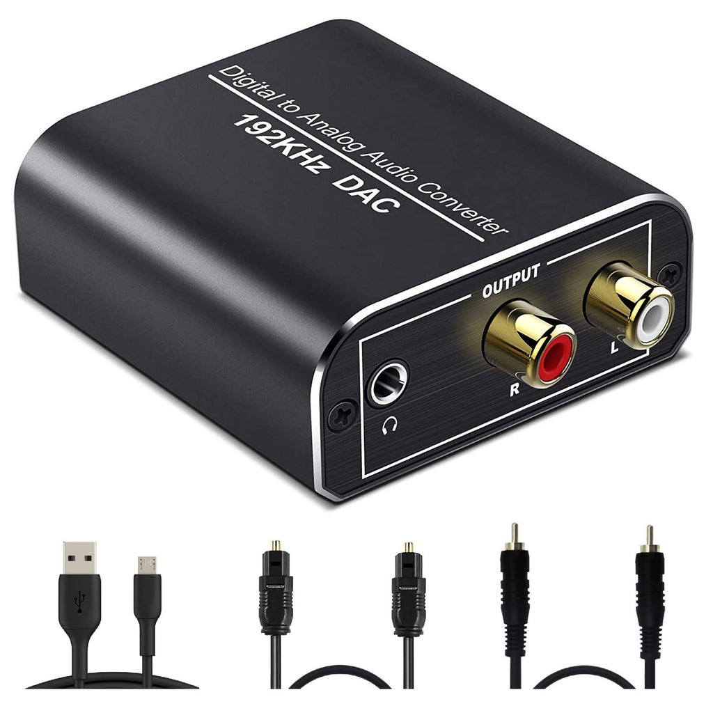 192Khz Digital to Analog Audio Converter Optical to RCA DAC Converter Toslink/SPDIF to Analog Stereo L/R, 3.5mm Jack Adapter with Optical & Coaxial Cable for PS3/4 DVD TV Headphone
