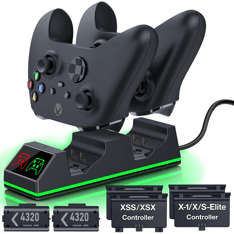 Controller Charger Station with 2x4320mWh Rechargeable Battery Pack for Xbox Series X/S Controller, Charging Dock for Xbox Controller Battery Pack with 4 Batteries Cover for Xbox One/X/S/Elite Black One