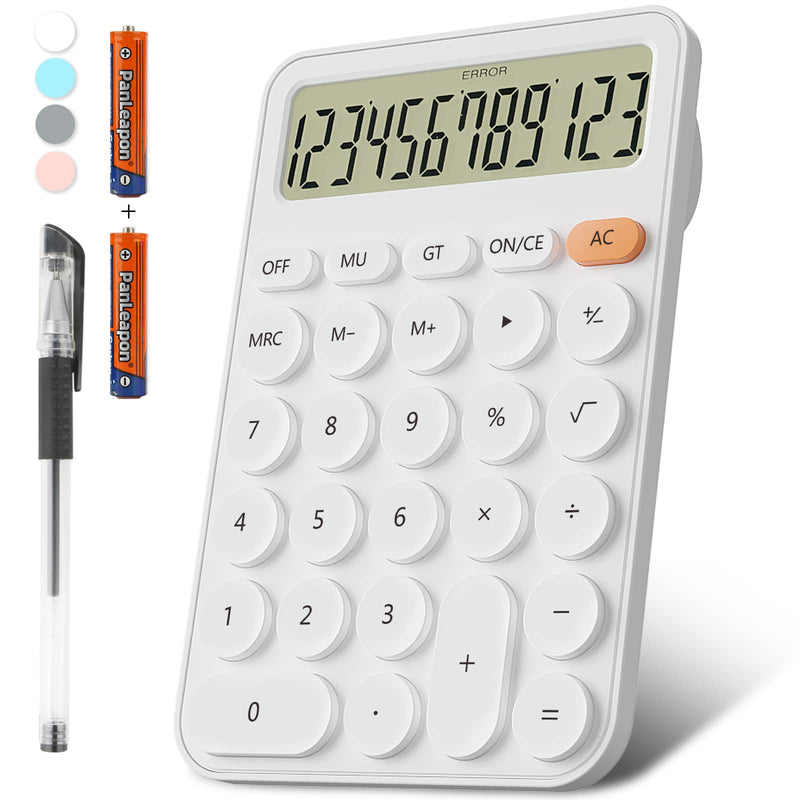 Cute Calculators Desktop Size 6.3 * 4.3in/16 * 11cm, DECKLIT Battery 12 Digit Desk Calculator Extra Large LCD Display, Great Desktop Calculator Big buttons, 15°Tilt Screen for Kids Calculator(White) white