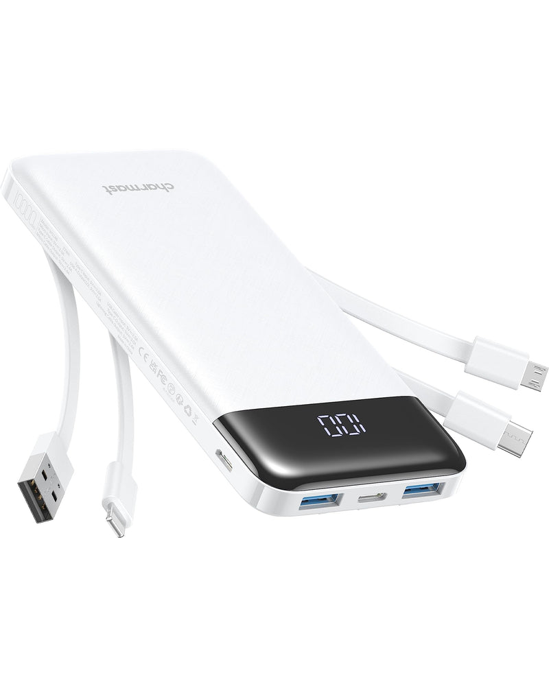 Portable Charger with Built in Cables, Portable Charger with Cords Wires Slim 10000mAh Travel Battery Pack 6 Outputs 3 Inputs 3A Fast Charging Power Bank for Samsung Google Pixel LG Moto iPhone iPad White