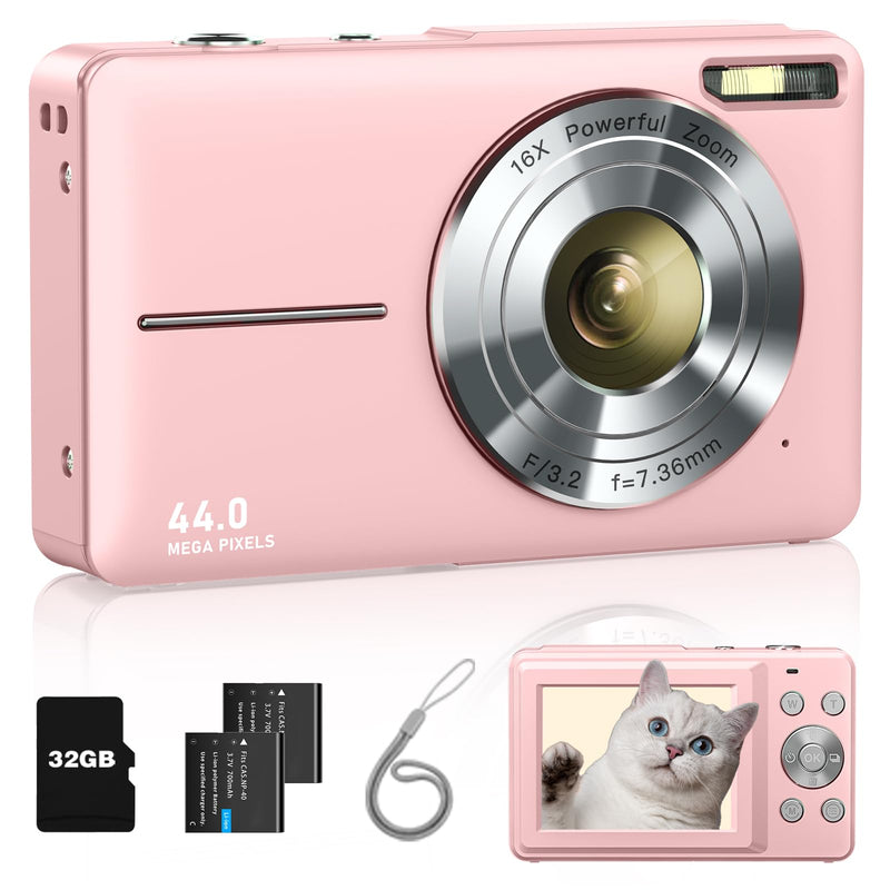 Lecran Digital Camera, FHD 1080P Kids Camera with 32GB Card, 2 Batteries, Lanyard, 16X Zoom Anti Shake, 44MP Compact Portable Small Point Shoot Camera Gift for Kid Student Children Teen Girl Boy(Pink) Pink