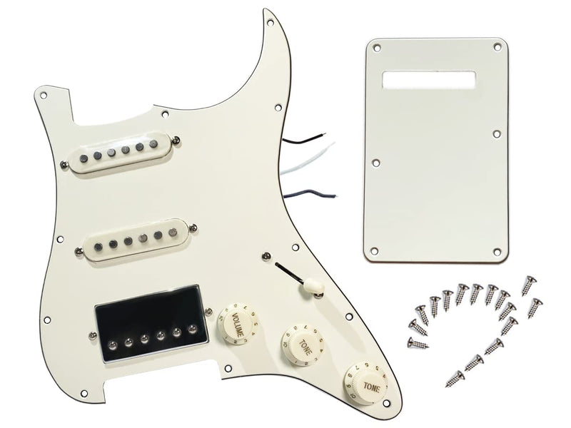 Prewired Pickguard with SSH Pickup Set, 3-ply Pick Guard Loaded High Output Alnico V Single Coil Humbucker Pick-ups, Electric Guitar Scratchplate as Luthier Replacement Parts, Cream-0C adged white 90C